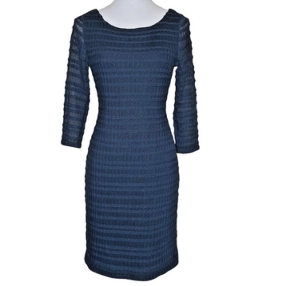 Kay Unger New York Navy Blue Sweater Dress 3/4 Sheer Sleeve Sz 6 Event Occasion - Picture 1 of 12
